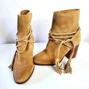 Aldo Contessina Khaki Suede Boots Size 9 Tasseled Wrap Around Heeled Y2K Western
